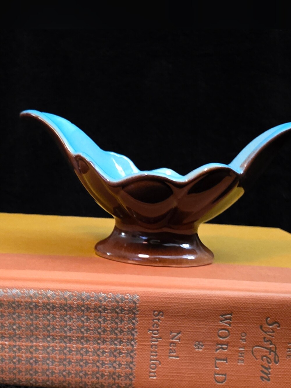 Vintage Turquoise Blue Brown Art Pottery Pedestal Bowl MCM